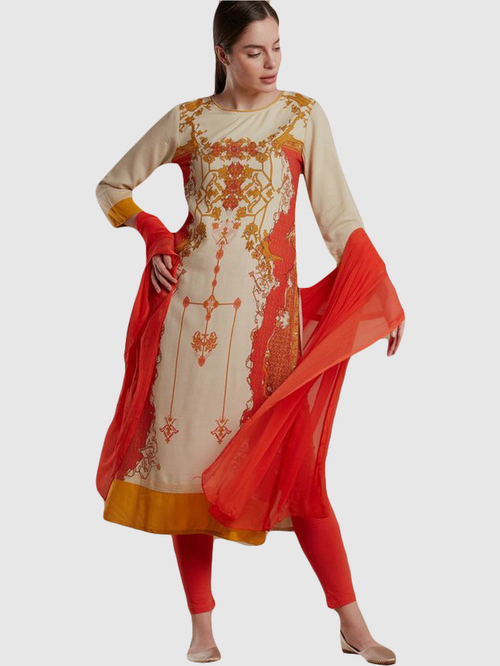 Imara Beige & Orange Printed Kurta Leggings Set With Dupatta Price in India