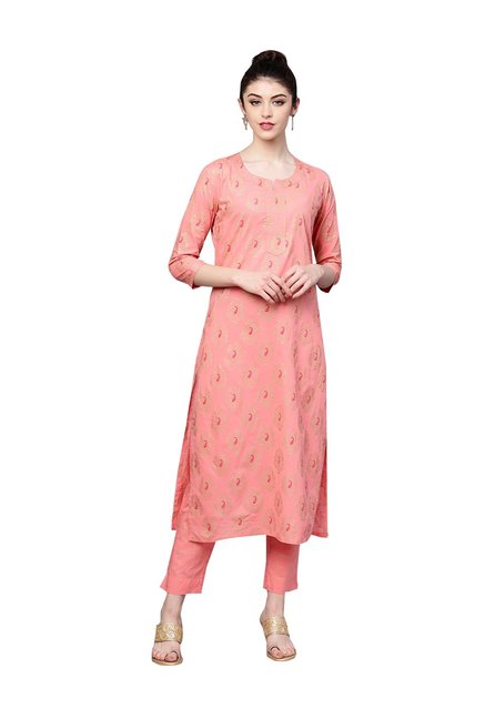 Ishin Pink Cotton Paisley Printed Kurti Pant Set Price in India