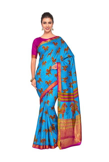 Kupinda Turquoise Printed Kalamkari Saree With Blouse Price in India