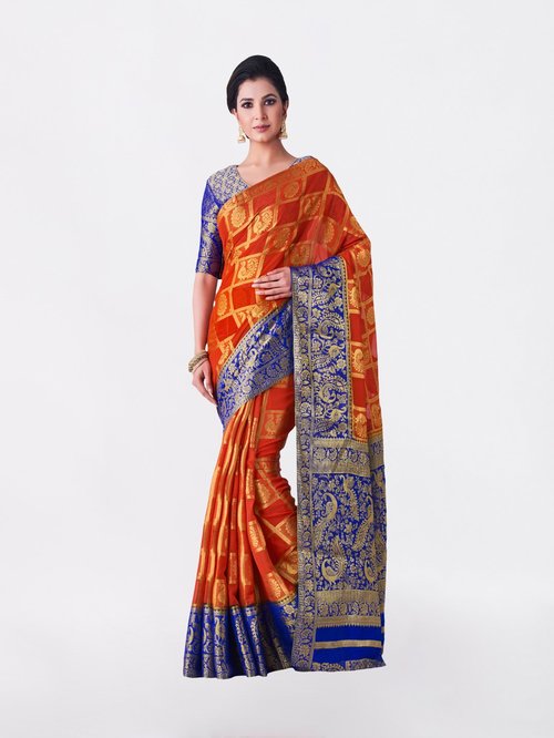 Mimosa Orange Zari Work Kanjivaram Saree With Blouse Price in India