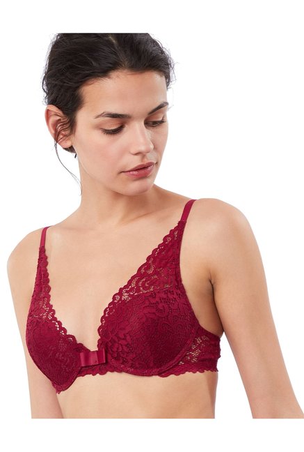 ETAM Paris Burgundy Lace Under Wired Padded Push Up Bra Price in