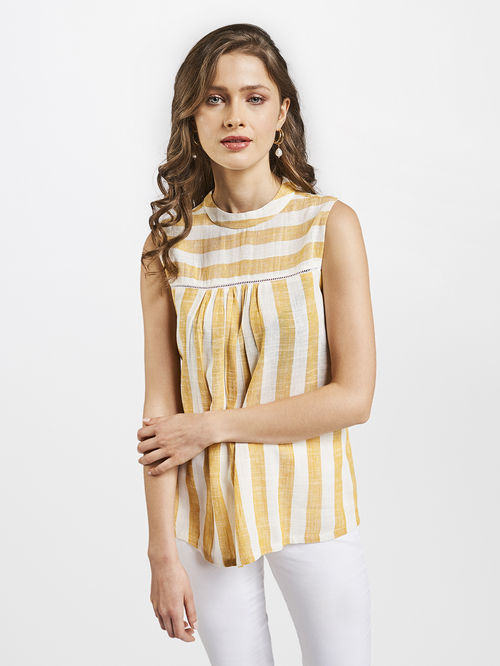 AND Yellow & White Striped Top Price in India