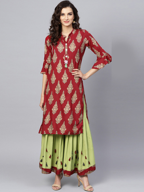 Ishin Maroon & Green Printed Kurta Sharara Set Price in India