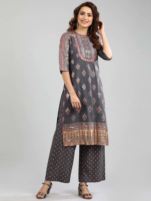 Aurelia Grey Cotton Printed Straight Kurta Price in India