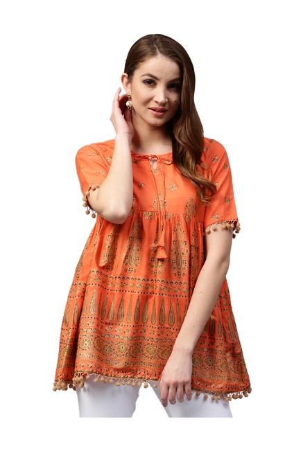 Gerua Orange Printed Cotton Kurti Price in India