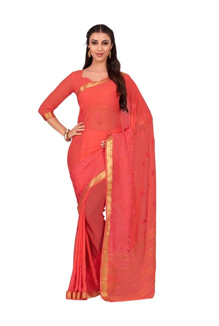 Mimosa Orange Embroidered Kanjivaram Saree With Blouse Price in India