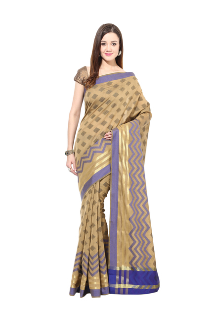 Avishi Beige & Blue Cotton Printed Banarasi Saree With Blouse Price in India