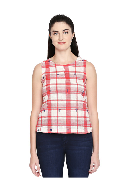 Akkriti by Pantaloons Coral & Off White Checks Top Price in India