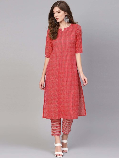 Gerua Red Cotton Striped Kurti Pant Set Price in India