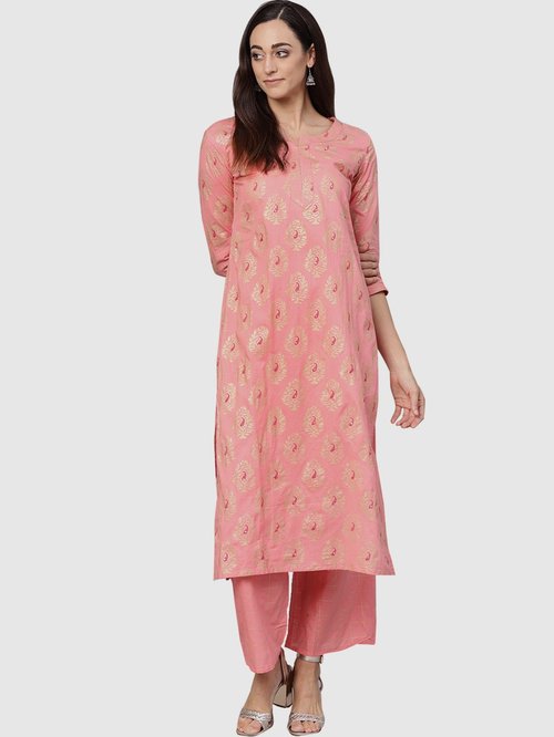 Ishin Pink Cotton Printed Kurti Palazzo Set Price in India