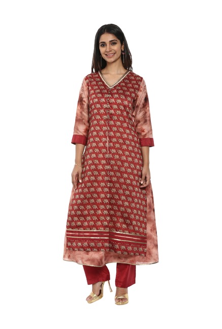 Soch Maroon & Beige Printed Cotton Kurta With Pants Price in India