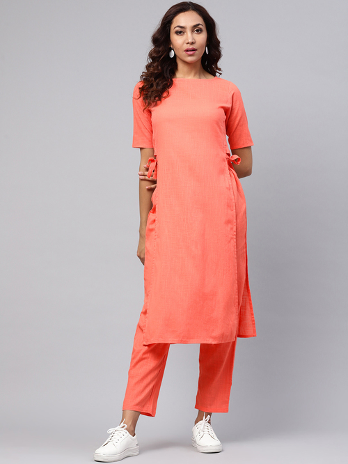 Idalia Coral Cotton Kurta Pant Set Price in India