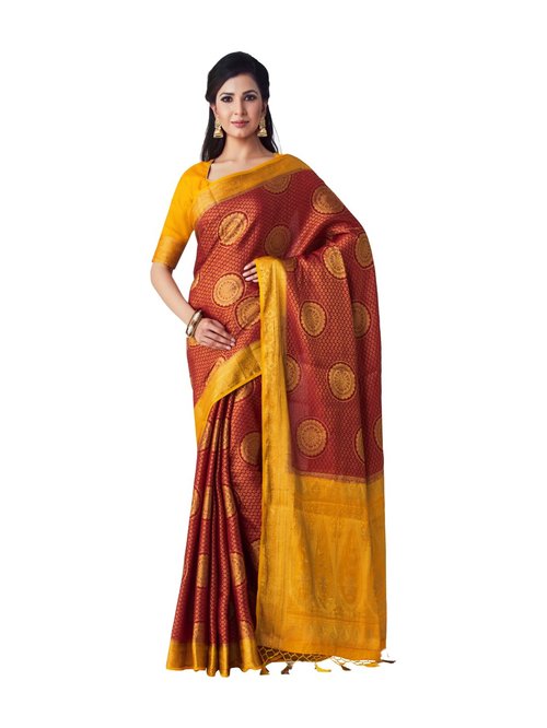 Mimosa Maroon Zari Work Kanjivaram Saree With Blouse Price in India