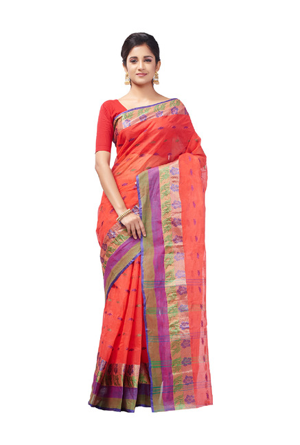 Slice of Bengal Red Printed Cotton Taant Tangail Saree Price in India