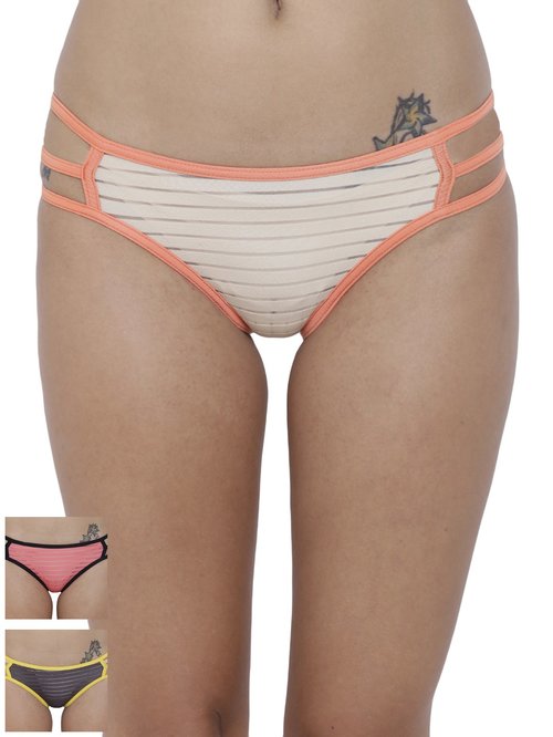 BASIICS by La Intimo Multicolor Striped Bikini Panty ( Pack Of 3 ) Price in India