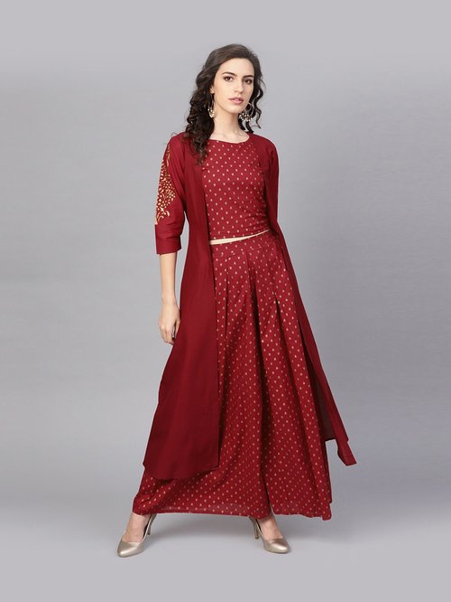 Ahalyaa Maroon Cotton Printed Top Palazzo Set With Jacket Price in India