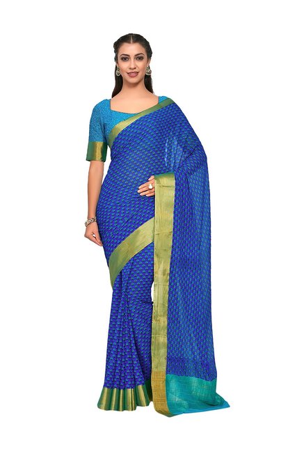 Kupinda Blue Printed Ikkat Saree With Blouse Price in India