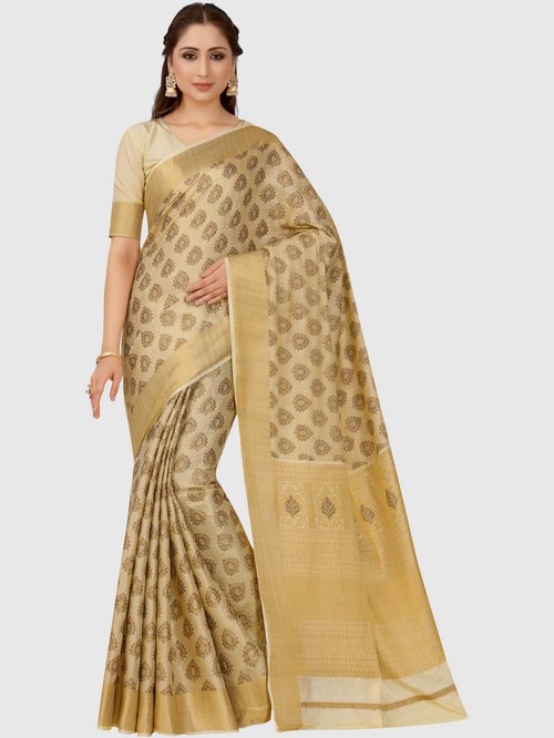 Mimosa Beige Woven Kanjivaram Saree With Blouse Price in India