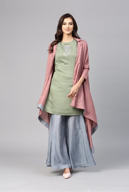 Inddus Green & Grey Embroidered Kurti Palazzo Set With Jacket Price in India