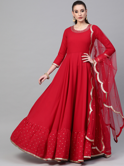 Inddus Red Embroidered Anarkali Kurta With Dupatta Price in India