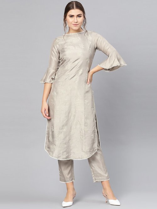 Inddus Grey Printed Kurti Pant Set Price in India