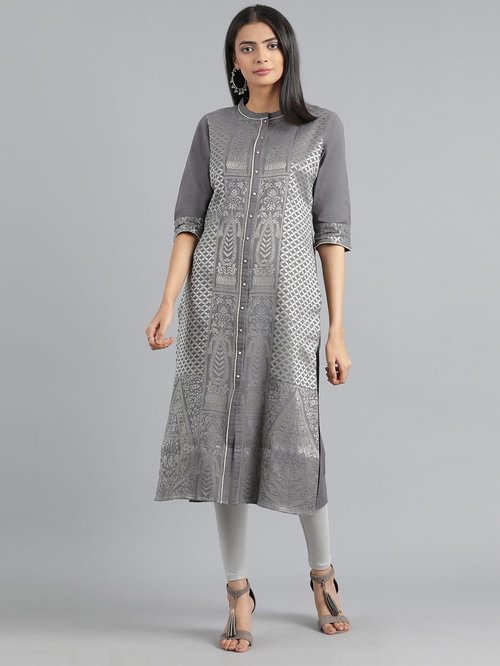 W Grey Cotton Woven Pattern Straight Kurta Price in India