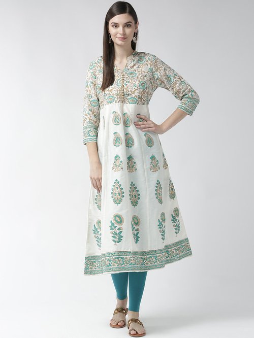 Rangmayee White & Turquoise Printed Kurti Leggings Set Price in