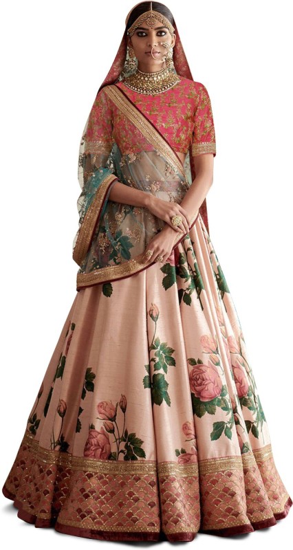Embroidered, Embellished, Floral Print Semi Stitched Lehenga, Choli and Dupatta Set Price in India