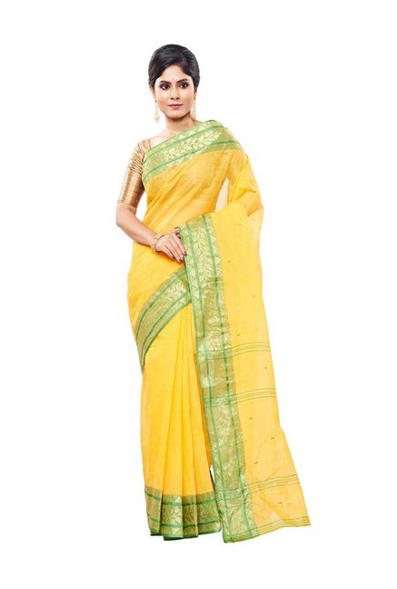 Slice of Bengal Yellow Cotton Woven Taant Tangail Saree Price in India