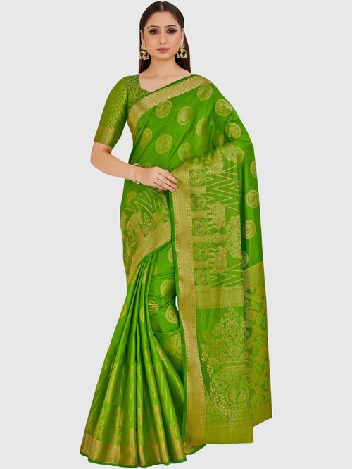 Mimosa Green Printed Kanjivaram Saree With Blouse Price in India