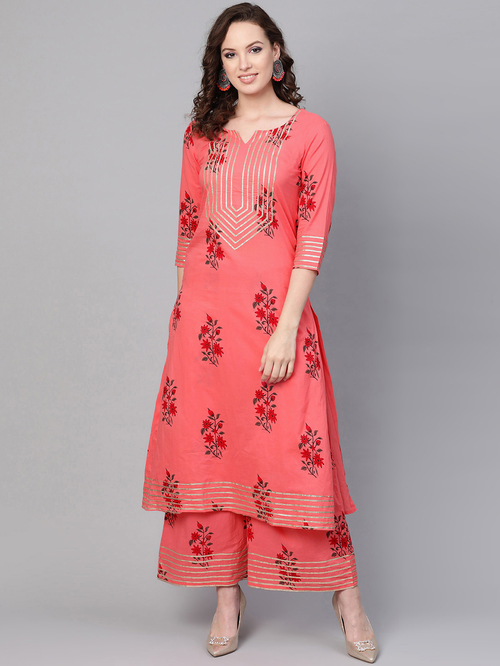 Idalia Coral Cotton Floral Print Kurta Palazzo Set Price in India