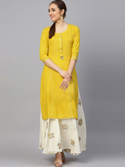 Ishin Mustard & Off-White Zari Work Kurta Skirt Set Price in India