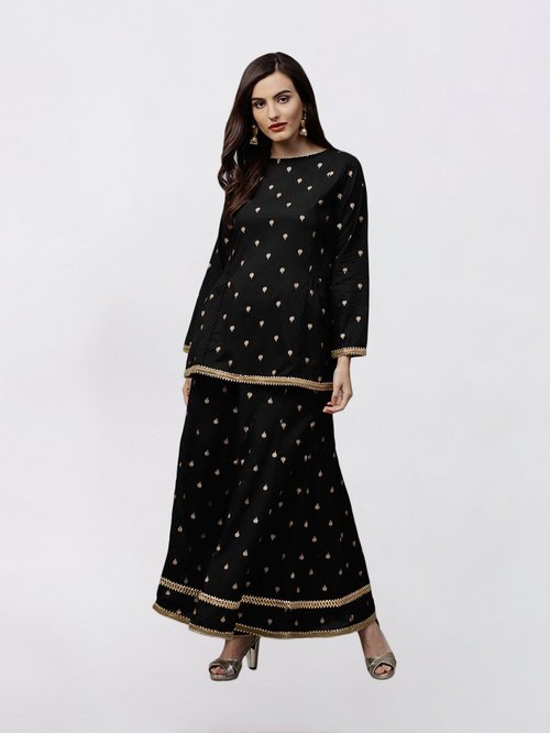 Bhama Couture Black Cotton Printed Kurti Palazzo Set Price in India