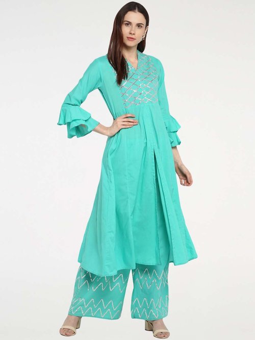 Bhama Couture Sea Green Cotton Embroidered Kurti Palazzo Set Price in India