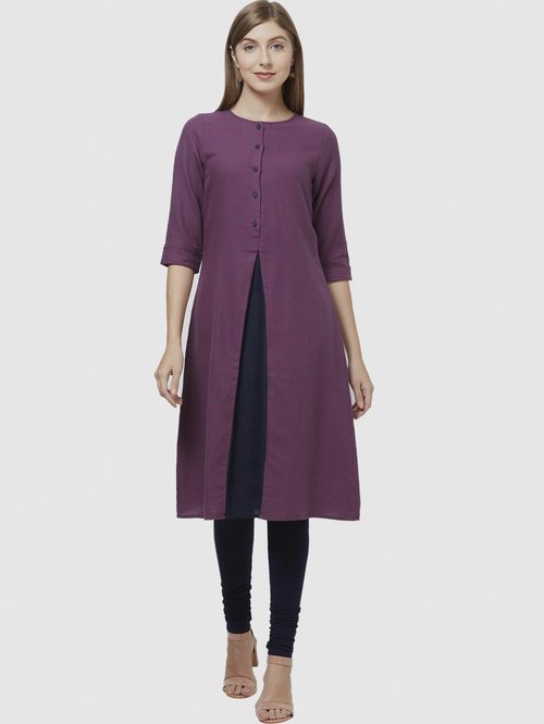 Fusion Beats Purple Cotton Chequered A Line Kurti Price in India