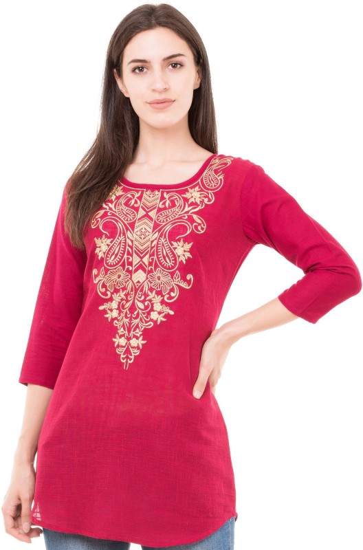 Casual Regular Sleeve Embroidered Women Maroon Top Price in India