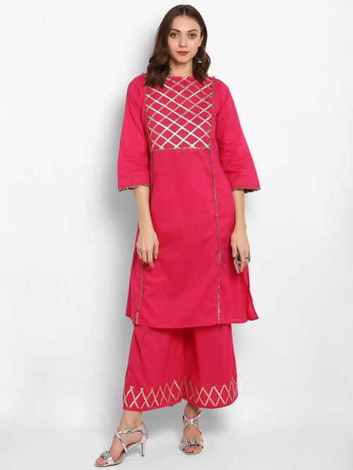 Bhama Couture Pink Cotton Embroidered Kurti Palazzo Set Price in India