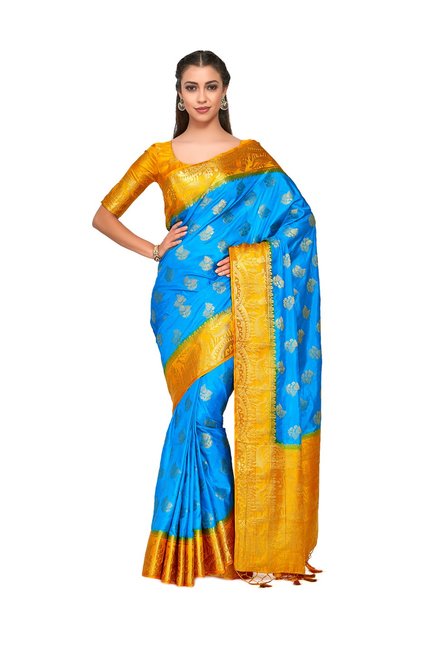 Mimosa Turquoise Embellished Kanjivaram Saree With Blouse Price in India