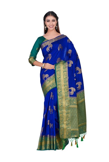 Mimosa Blue Embellished Kanjivaram Saree With Blouse Price in India