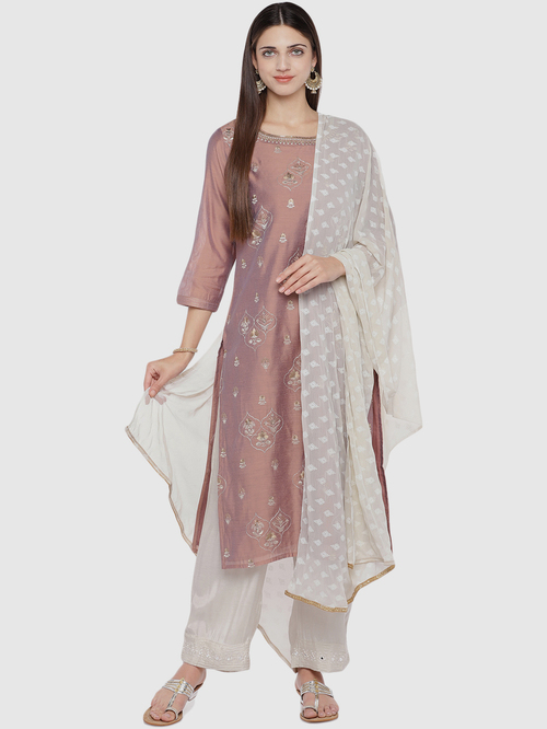 Ethnicity Pale Pink Embroidered Kurta Palazzo Set With Dupatta Price in India