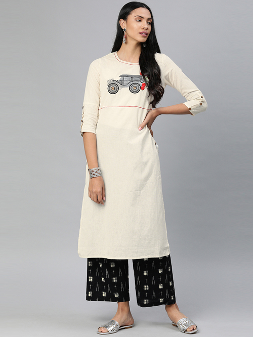 Divena Off-White & Black Embroidered Kurta Palazzo Set Price in India