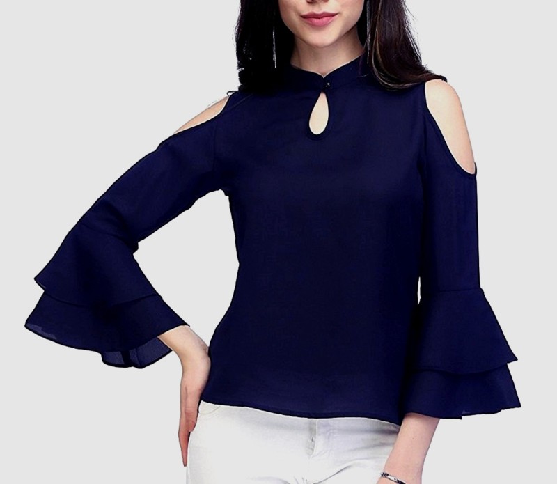 Casual Ruffled Sleeve Solid Women Dark Blue Top Price in India