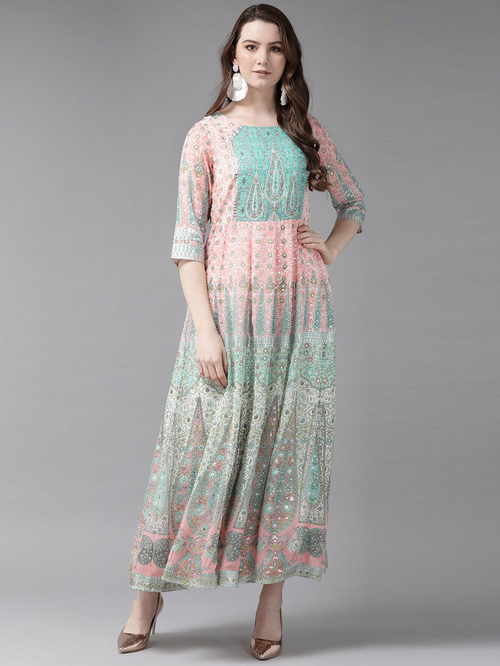 Juniper Peach & Green Printed Maxi Dress Price in India