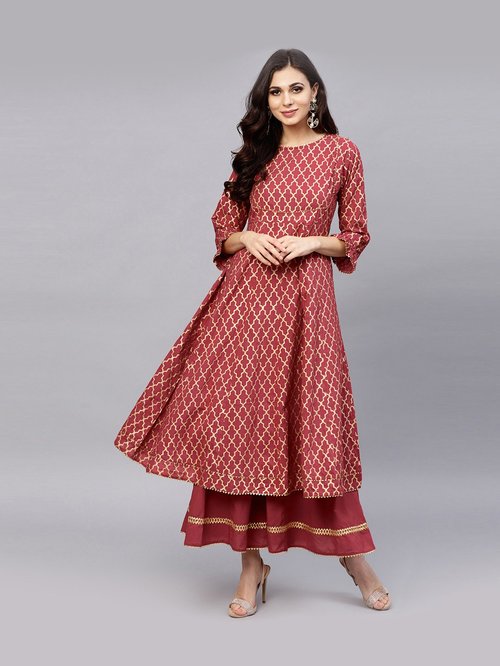 Bhama Couture Maroon Cotton Printed Kurti Palazzo Set Price in India