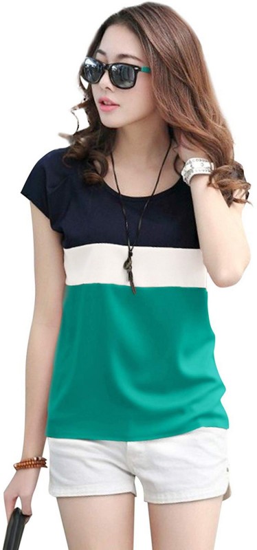 Striped Women Round Neck Multicolor T-Shirt Price in India