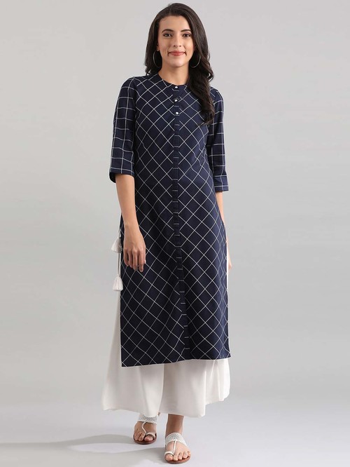 Aurelia Navy Cotton Chequered Straight Kurta Price in India