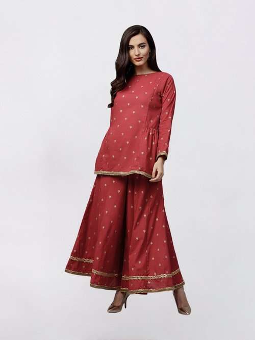 Bhama Couture Red Cotton Printed Kurti Palazzo Set Price in India