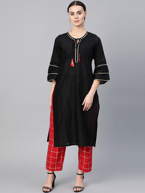 Bhama Couture Black & Red Cotton Kurta Pant Set Price in India