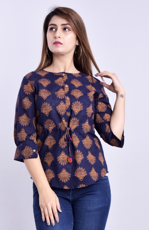 Casual 3/4 Sleeve Printed Women Blue Top Price in India