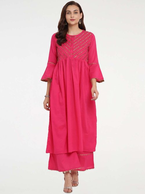 Bhama Couture Pink Cotton Embroidered Kurti Palazzo Set Price in India